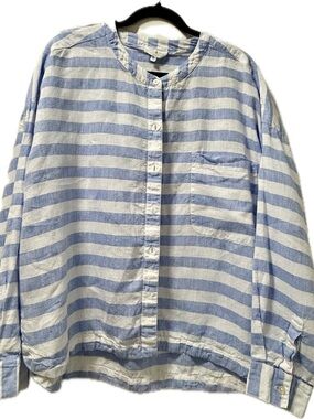 Lou & Grey (Loft) Blue and White Striped Collarless Button-Down Linen Shirt